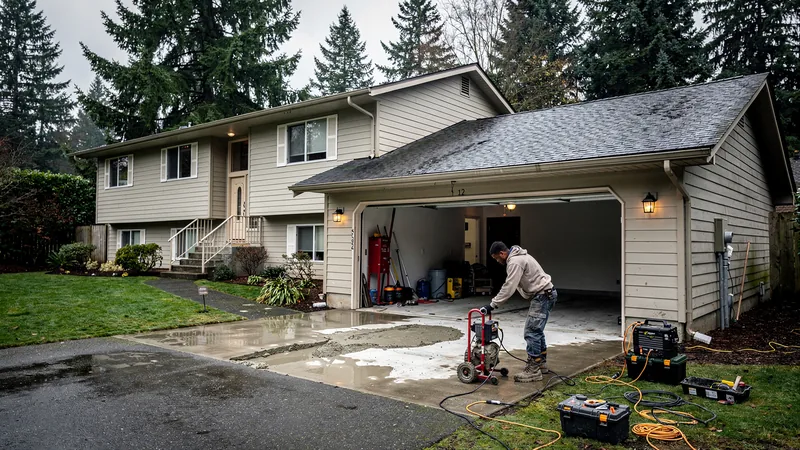 Foam slab leveling on a garage floor in Federal Way, WA